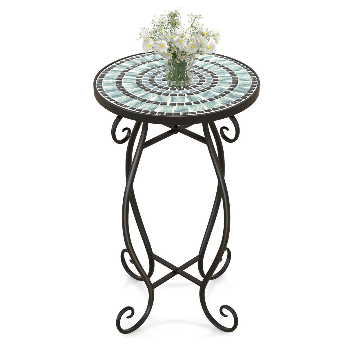 Mosaic Outdoor Side Table with Weather Resistant Ceramic Tile Tabletop-Green