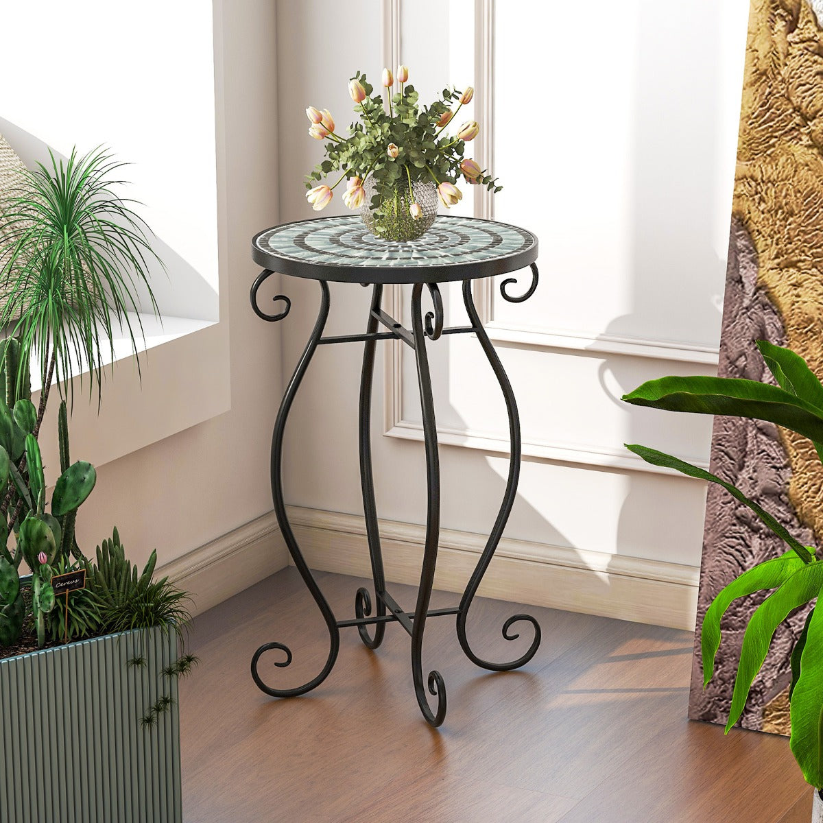 Mosaic Outdoor Side Table with Weather Resistant Ceramic Tile Tabletop-Green