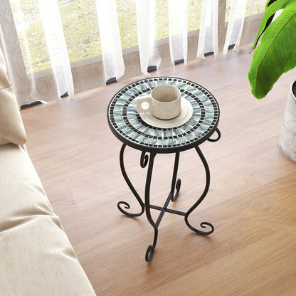 Mosaic Outdoor Side Table with Weather Resistant Ceramic Tile Tabletop-Green
