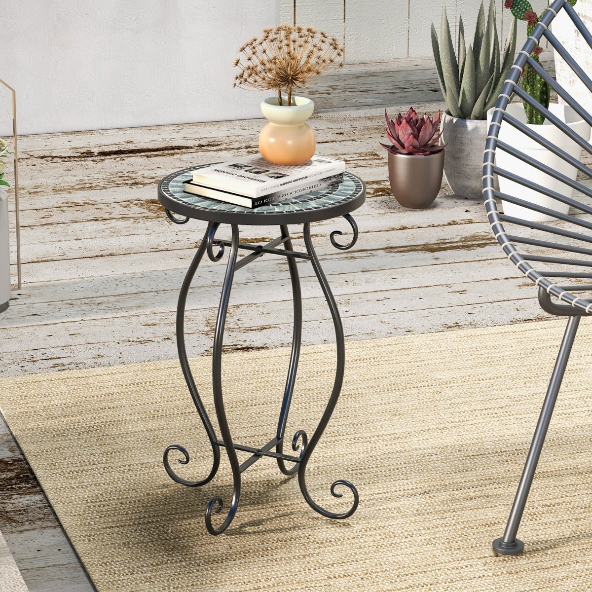 Mosaic Outdoor Side Table with Weather Resistant Ceramic Tile Tabletop-Green