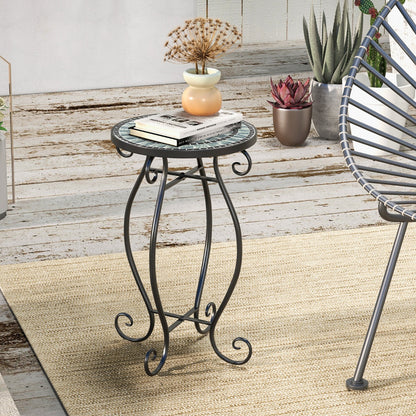 Mosaic Outdoor Side Table with Weather Resistant Ceramic Tile Tabletop-Green