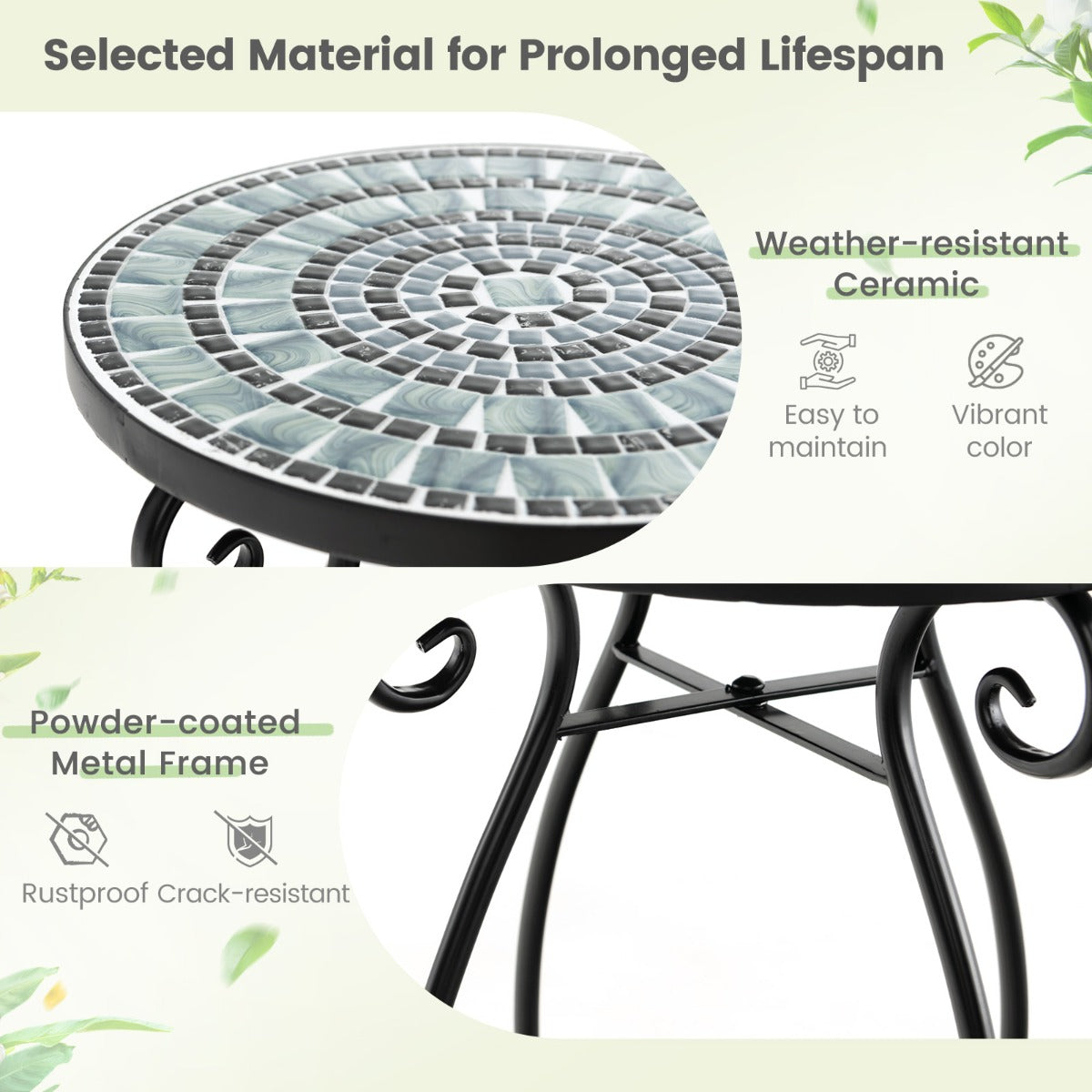 Mosaic Outdoor Side Table with Weather Resistant Ceramic Tile Tabletop-Green