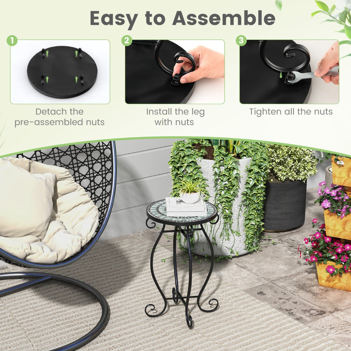 Mosaic Outdoor Side Table with Weather Resistant Ceramic Tile Tabletop-Green