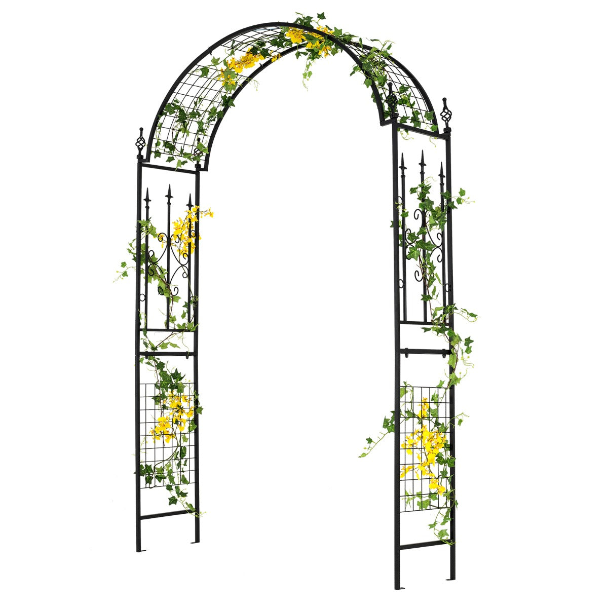 Black metal garden arbor with classical posts creates an elegant outdoor climbing pergola