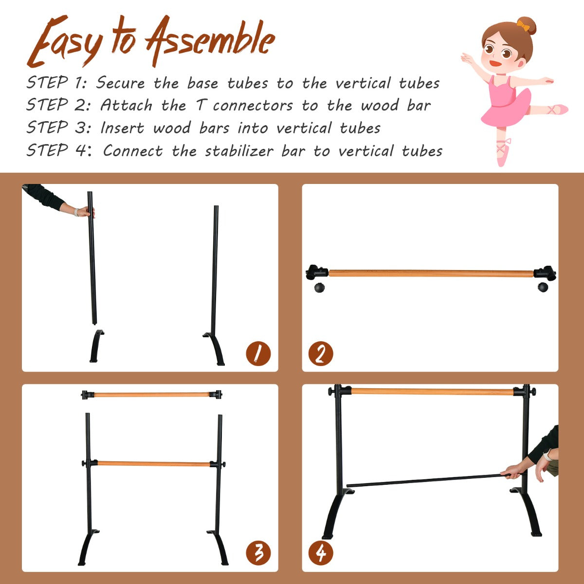 Costway Freestanding Dance Bar with 4-position Adjustable Heights for Dancing-Black