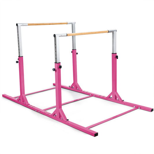 Costway Double Gymnastics Horizontal Bar with Adjustable Width and 11-Level Heights-Pink