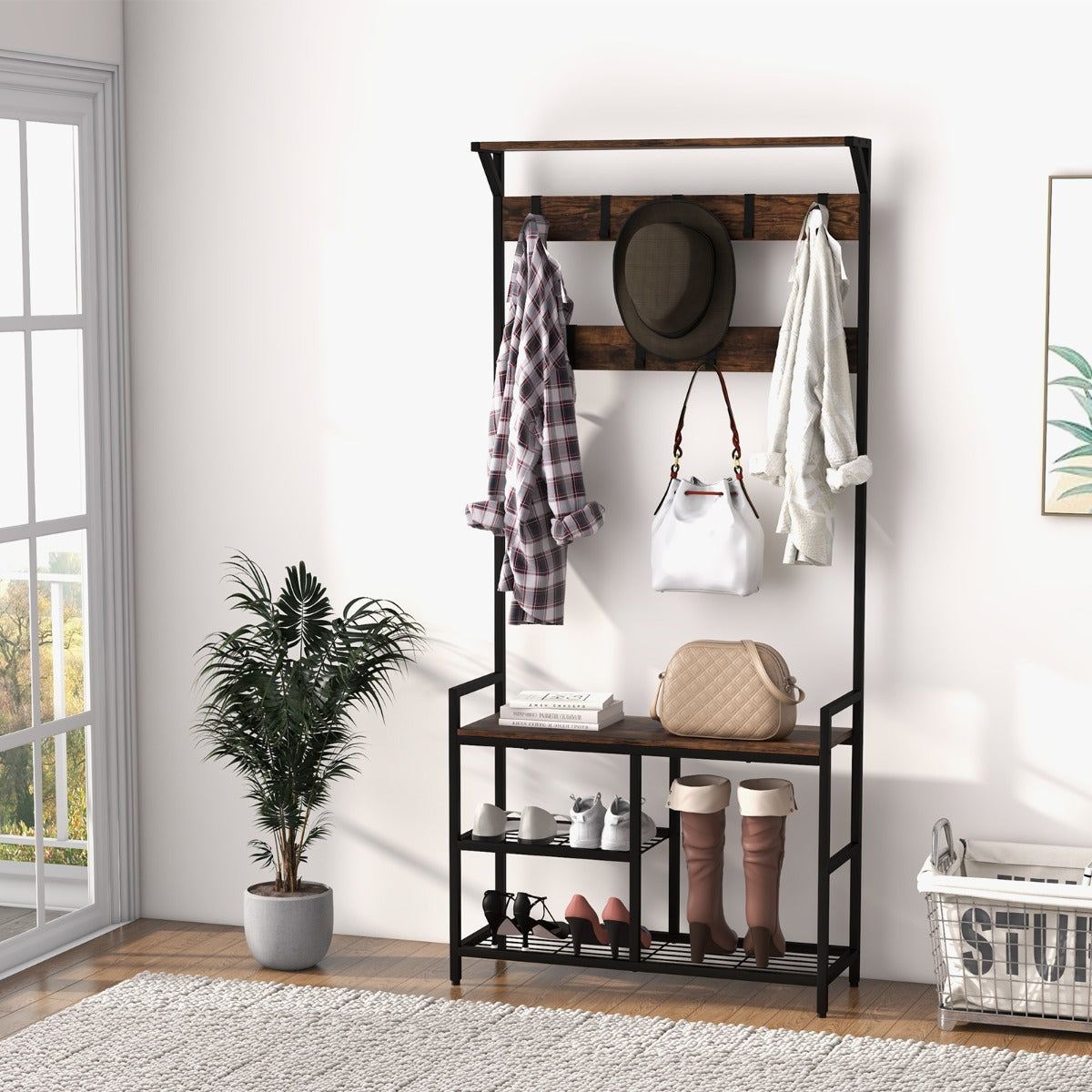 Industrial Coat Rack with Shoe Bench