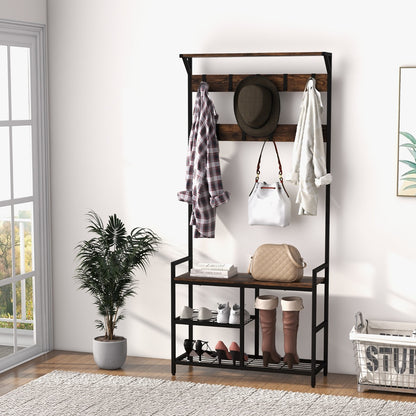Industrial Coat Rack with Shoe Bench