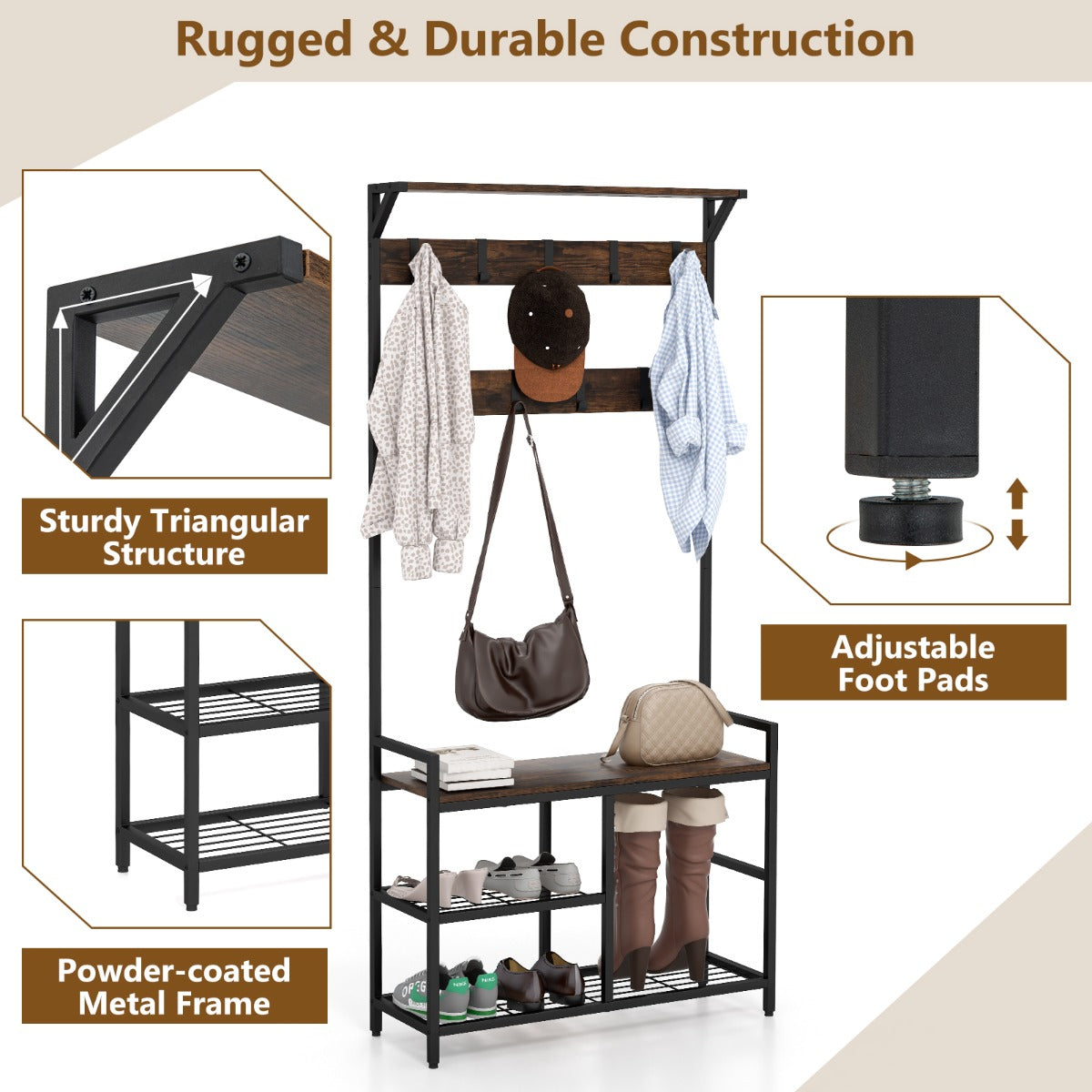 Industrial Coat Rack with Shoe Bench