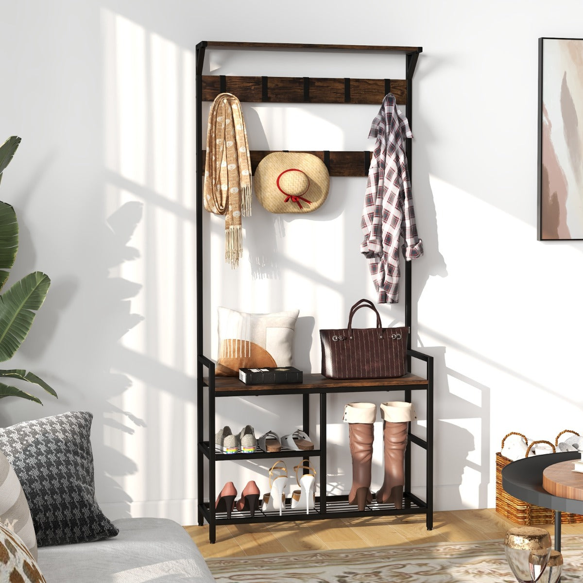 Industrial Coat Rack with Shoe Bench