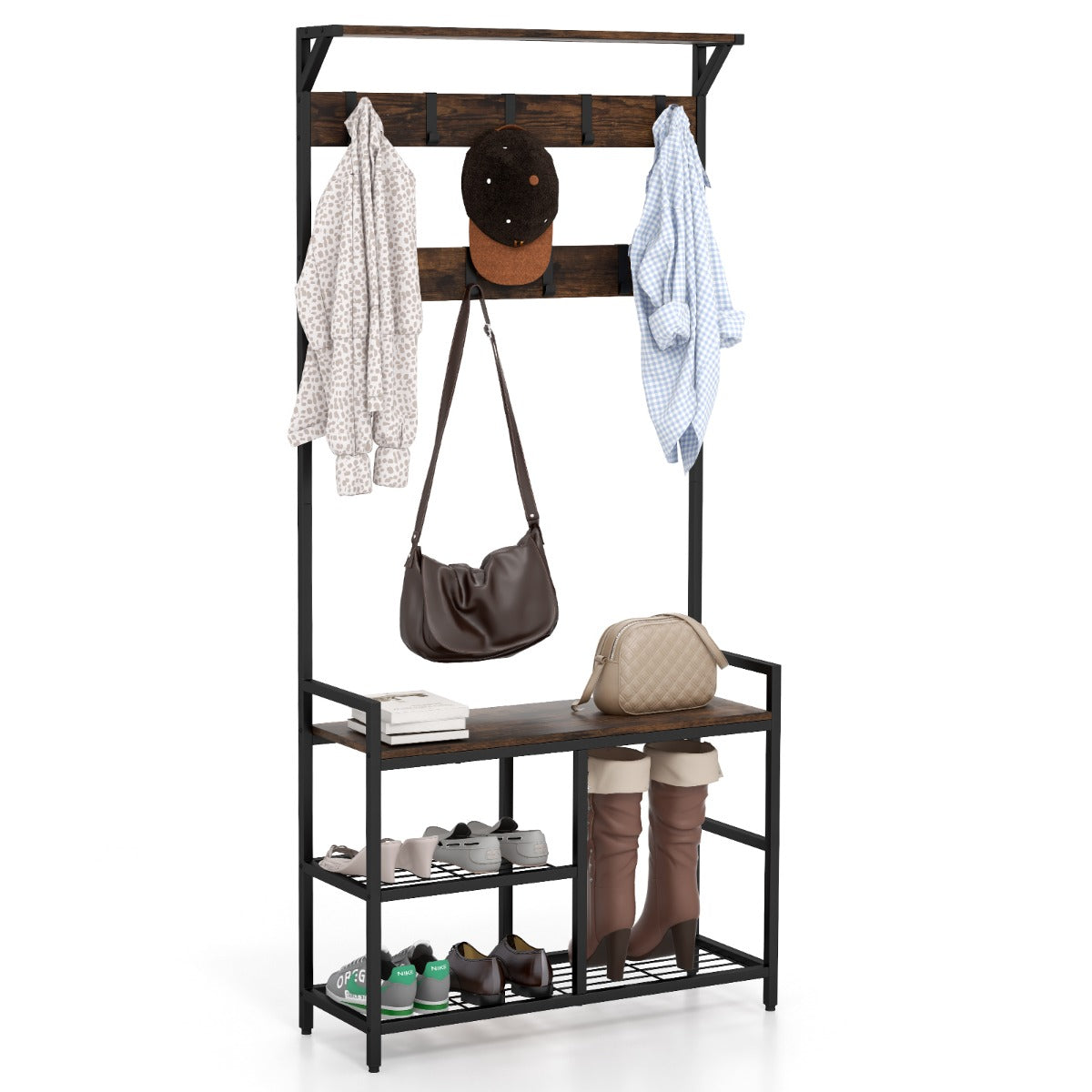 Industrial Coat Rack with Shoe Bench