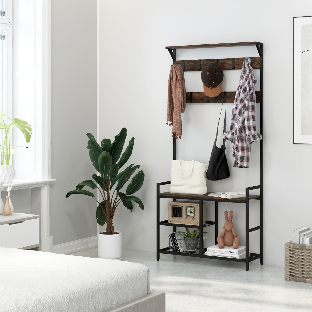 Industrial Coat Rack with Shoe Bench