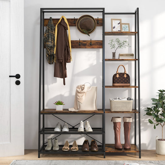 Costway Hall Tree with Storage Bench with 9 Hooks 5 Side Shelves and 2 Mesh Shelves-Brown