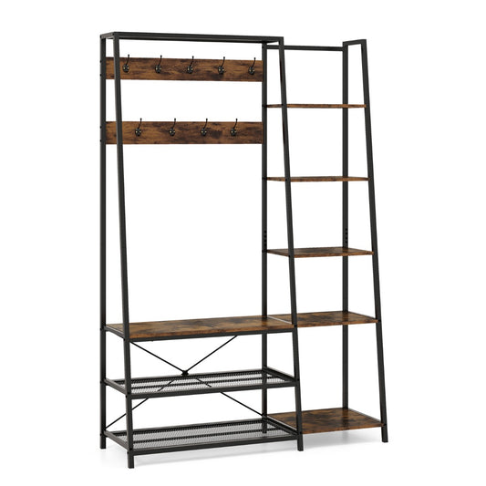 Costway Hall Tree with Storage Bench with 9 Hooks 5 Side Shelves and 2 Mesh Shelves-Brown