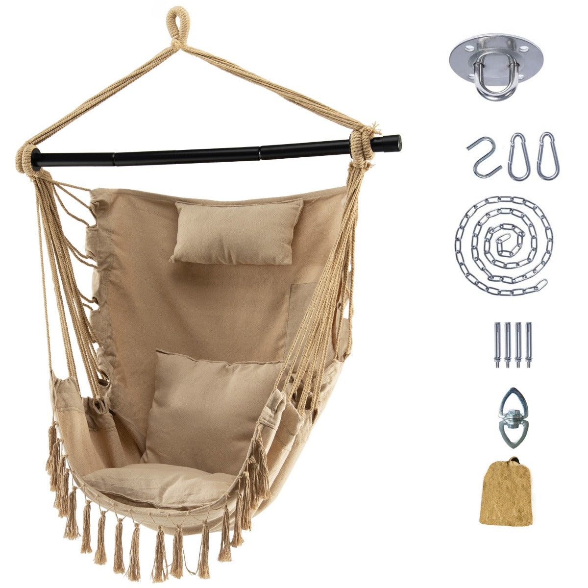 Hammock Chair Installation Kit with Soft Pillow and Cushions-Beige