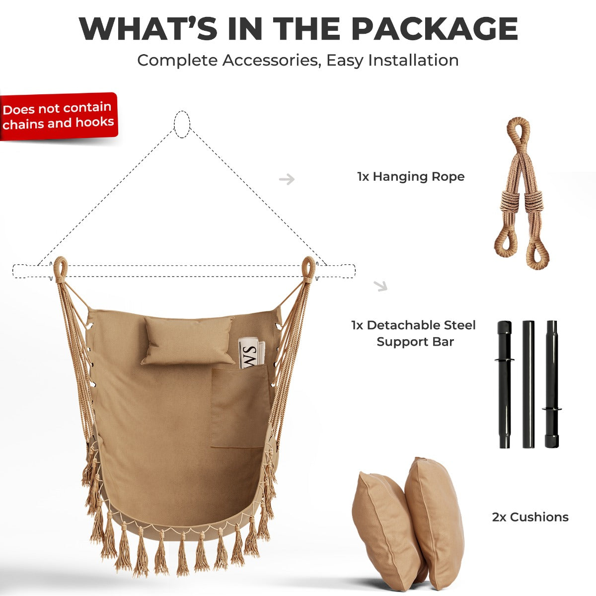 Hammock Chair Installation Kit with Soft Pillow and Cushions-Beige