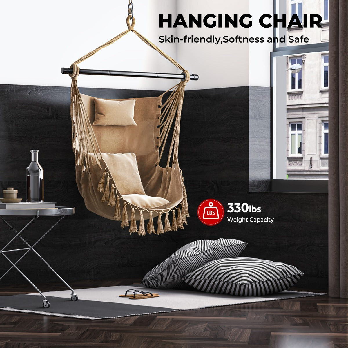 Hammock Chair Installation Kit with Soft Pillow and Cushions-Beige
