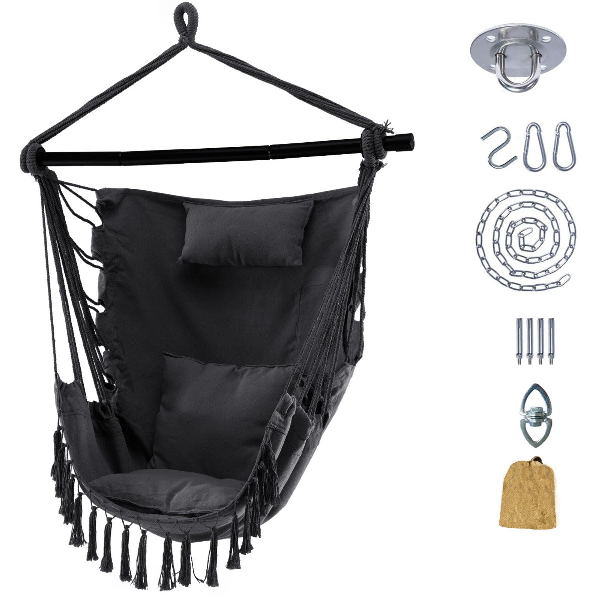 Hammock Chair Installation Kit with Soft Pillow and Cushions-Grey