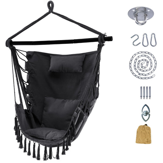 Hammock Chair Installation Kit with Soft Pillow and Cushions-Grey
