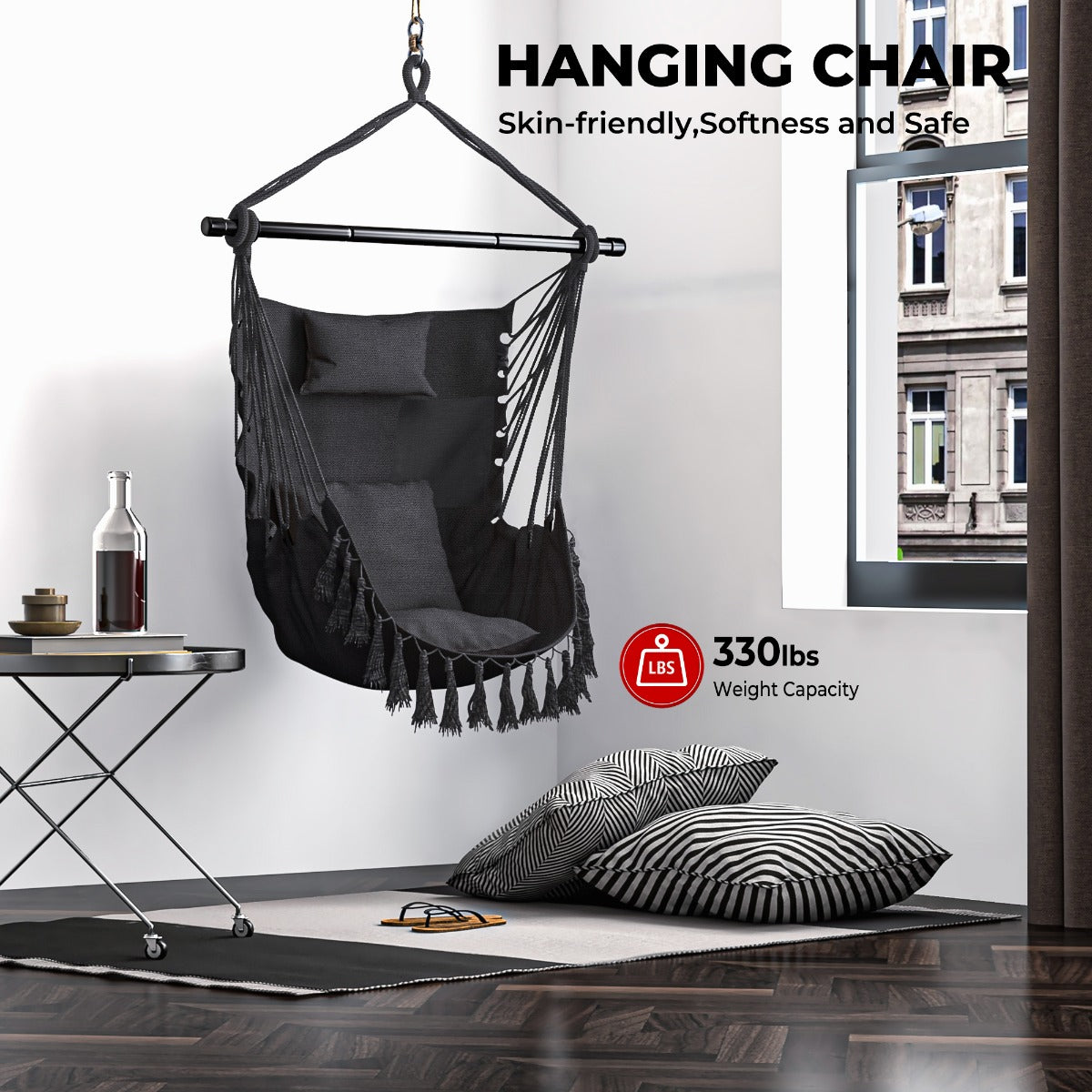 Hammock Chair Installation Kit with Soft Pillow and Cushions-Grey