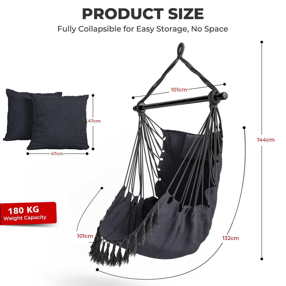 Hammock Chair Installation Kit with Soft Pillow and Cushions-Grey