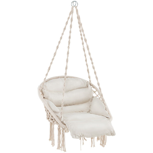 Sturdy hanging chair features a semi-embrace metal frame that creates a secure and comfortable seat
