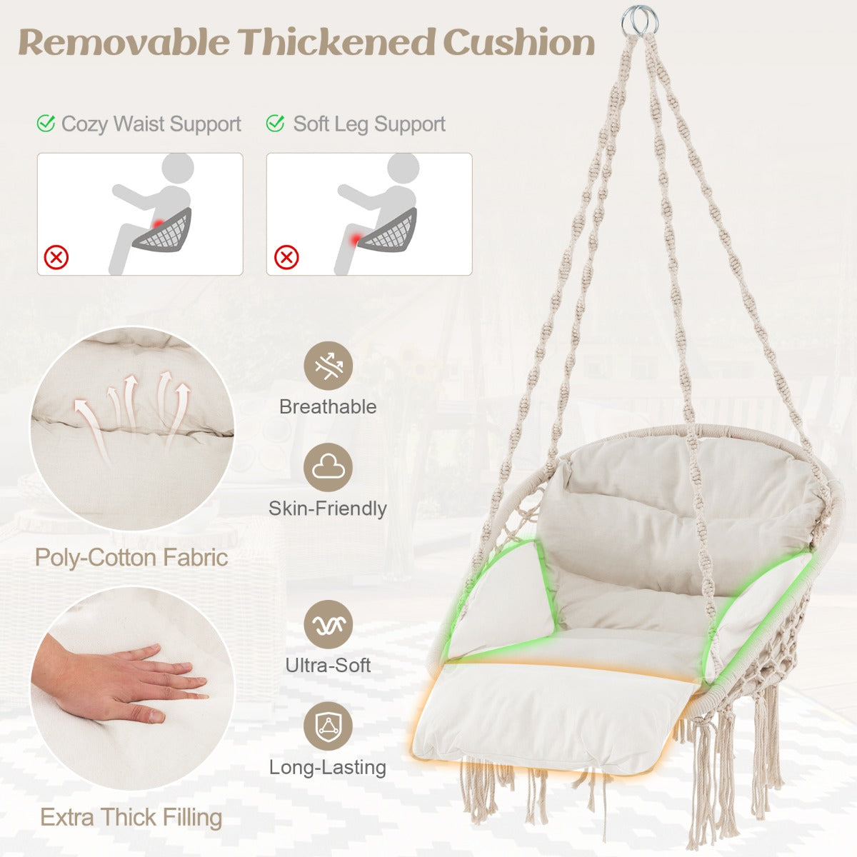 Costway Hammock Chair with Thick Cushion and Macrame Holds up to 150 KG-Beige