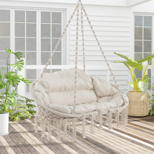 Costway Hand-Woven Rope Hanging Swing Chair with Thick Cushion and Folding Metal Frame-Beige