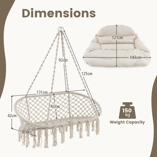 Beige hanging swing chair with plush removable cushion for comfortable indoor or outdoor relaxation