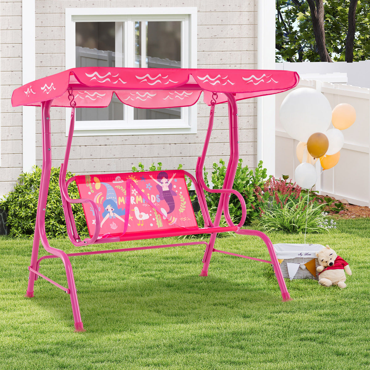 Hanging Patio Swing Bench with Adjustable Tilt Canopy-Pink