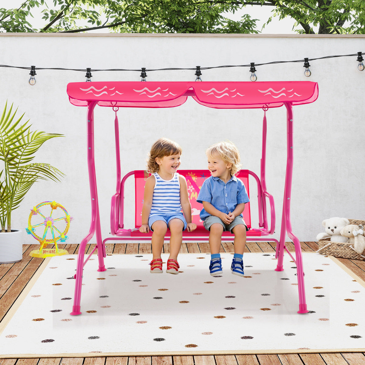 Hanging Patio Swing Bench with Adjustable Tilt Canopy-Pink