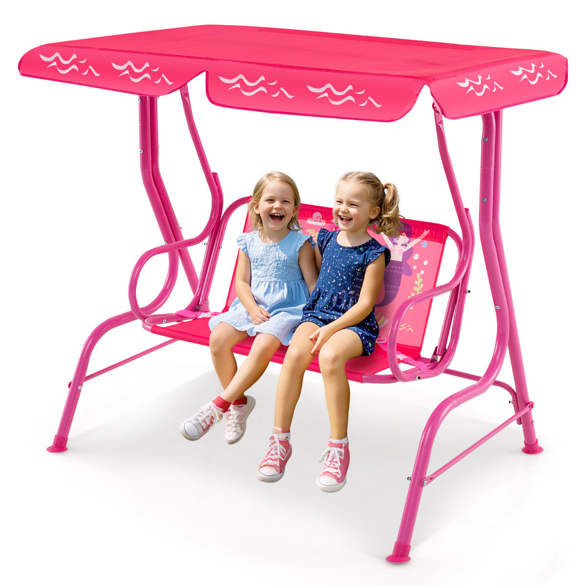 Hanging Patio Swing Bench with Adjustable Tilt Canopy-Pink