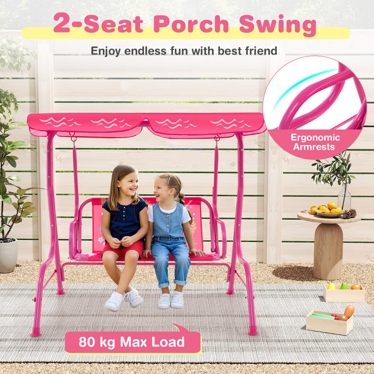 Hanging Patio Swing Bench with Adjustable Tilt Canopy-Pink