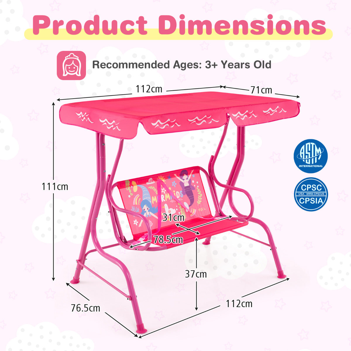 Hanging Patio Swing Bench with Adjustable Tilt Canopy-Pink