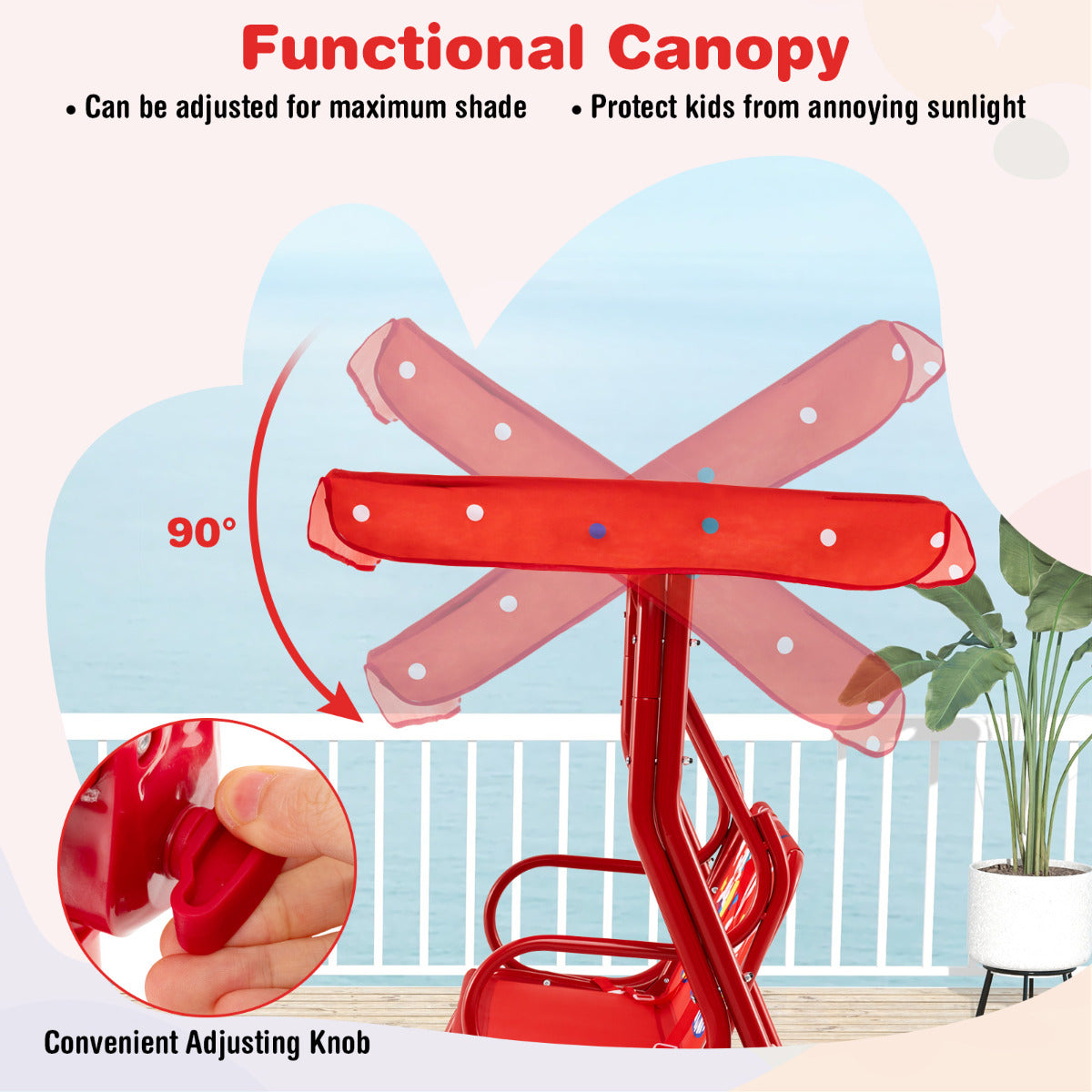 Hanging Patio Swing Bench with Adjustable Tilt Canopy-Red