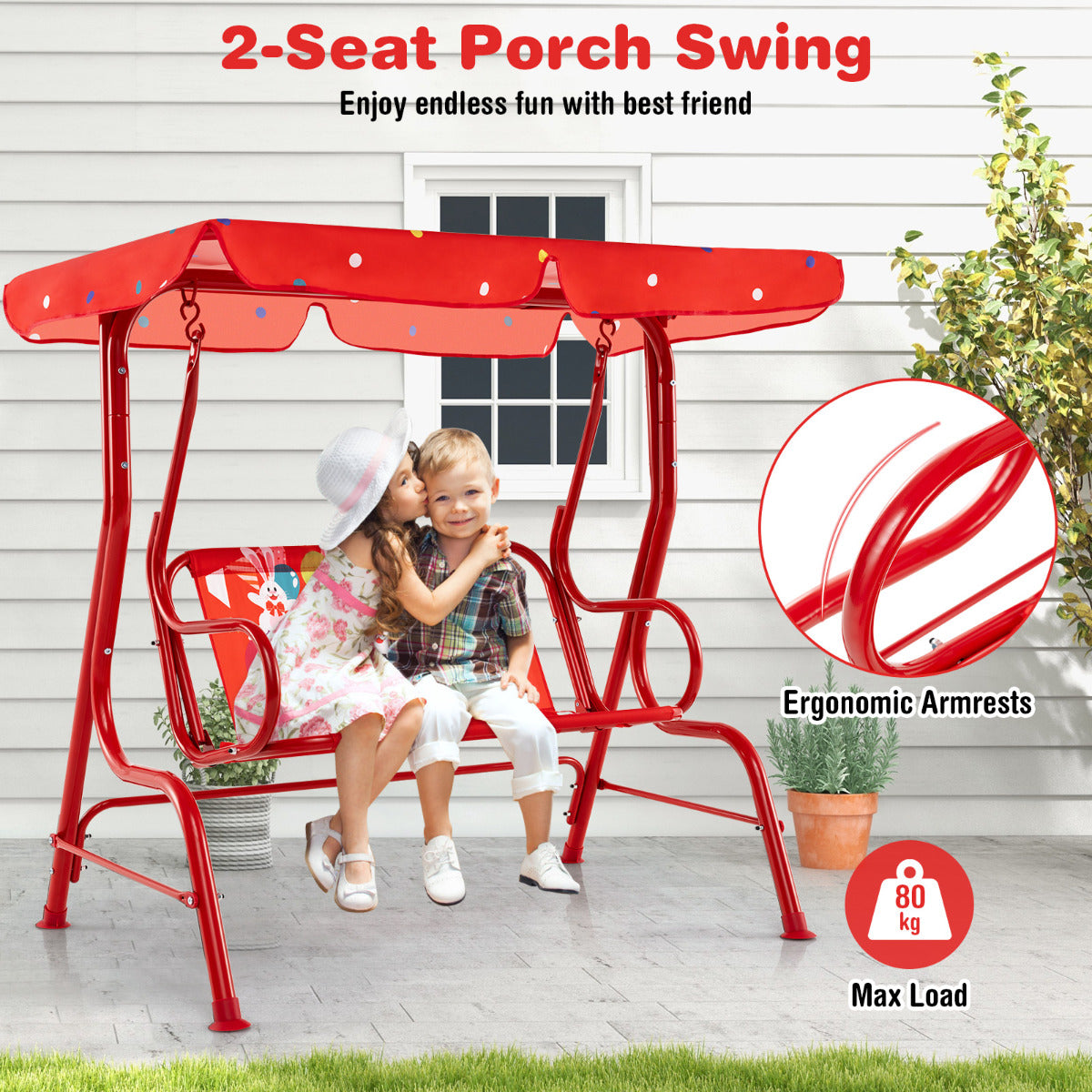 Hanging Patio Swing Bench with Adjustable Tilt Canopy-Red