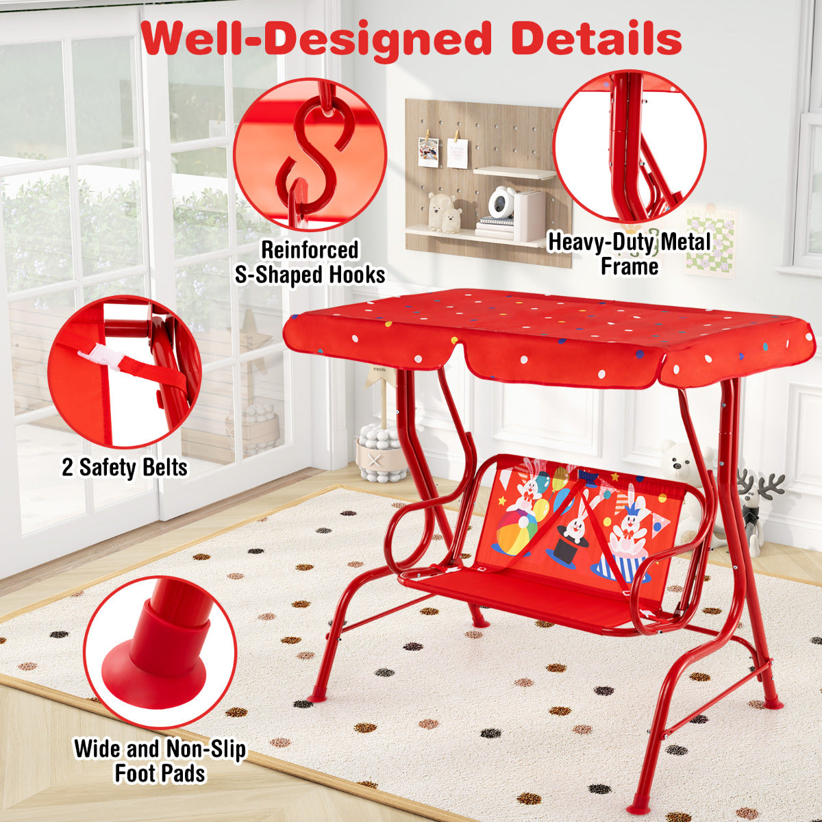 Hanging Patio Swing Bench with Adjustable Tilt Canopy-Red