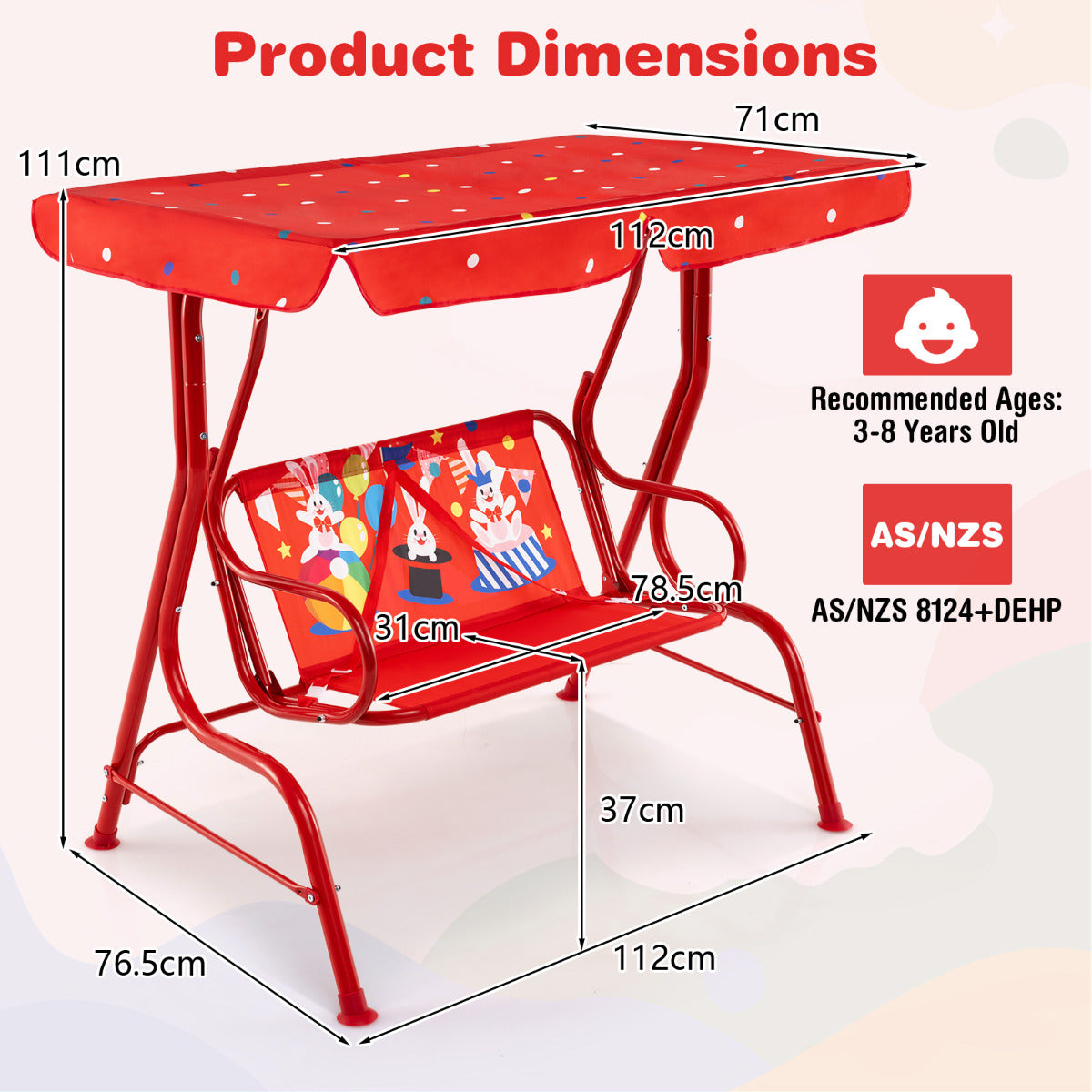 Hanging Patio Swing Bench with Adjustable Tilt Canopy-Red