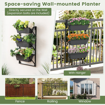 Costway Hanging Vertical Planter with 3 Planter Boxes and Detachable Hooks for Flowers, Vegetables, Herbs