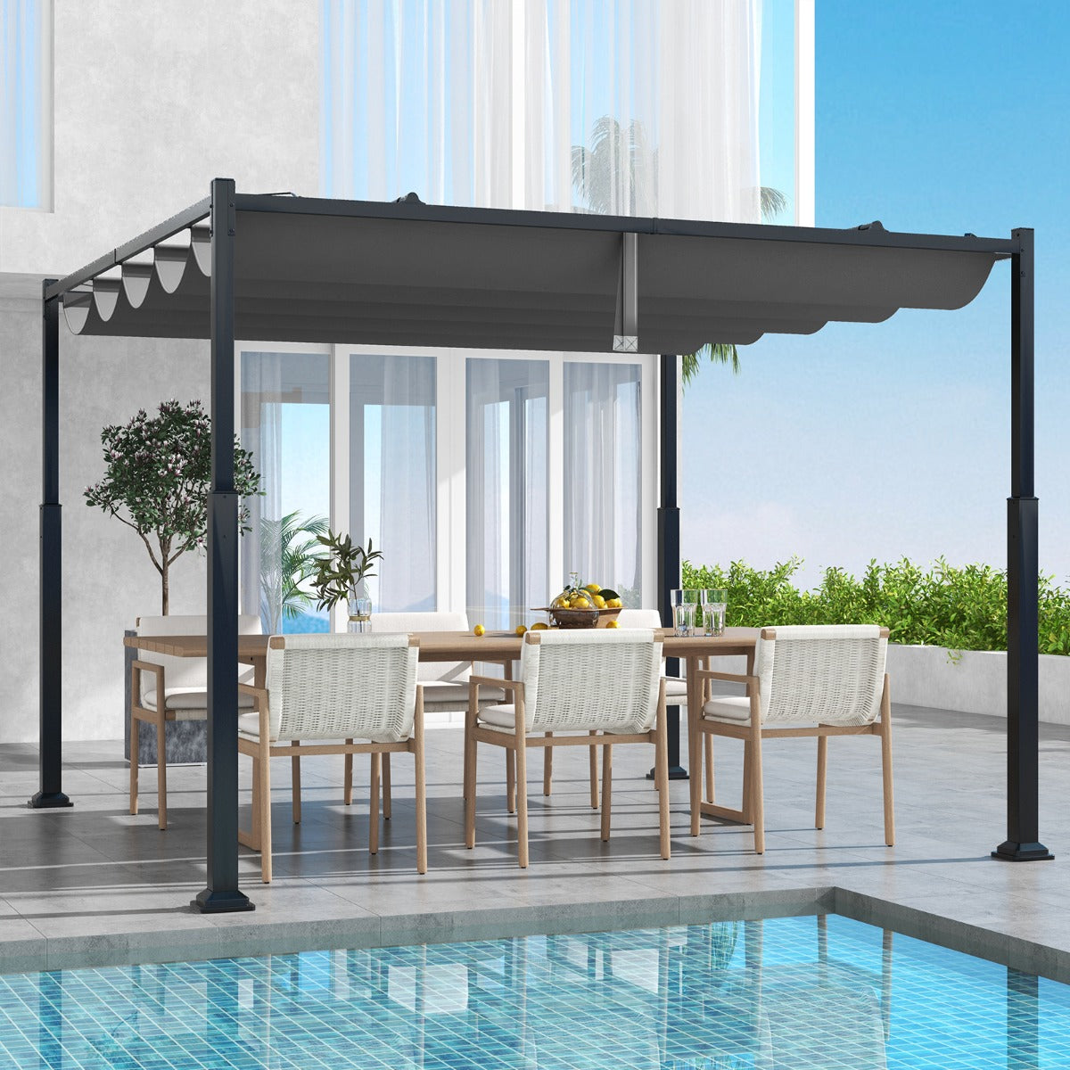 3M x 3M Outdoor Pergola with Retractable Canopy-Grey
