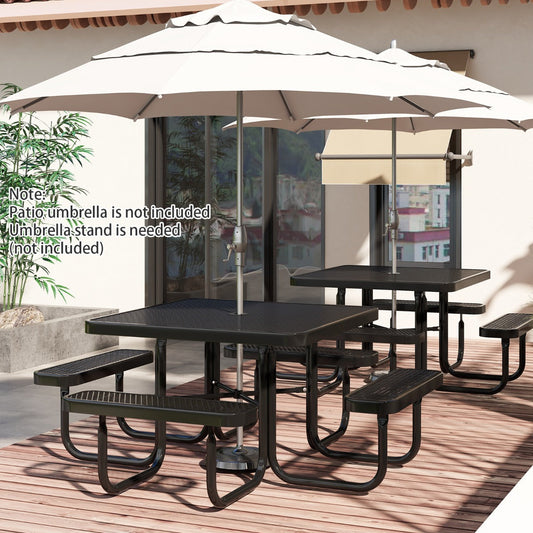 Square black picnic table with four benches offering comfortable outdoor seating for up to eight people