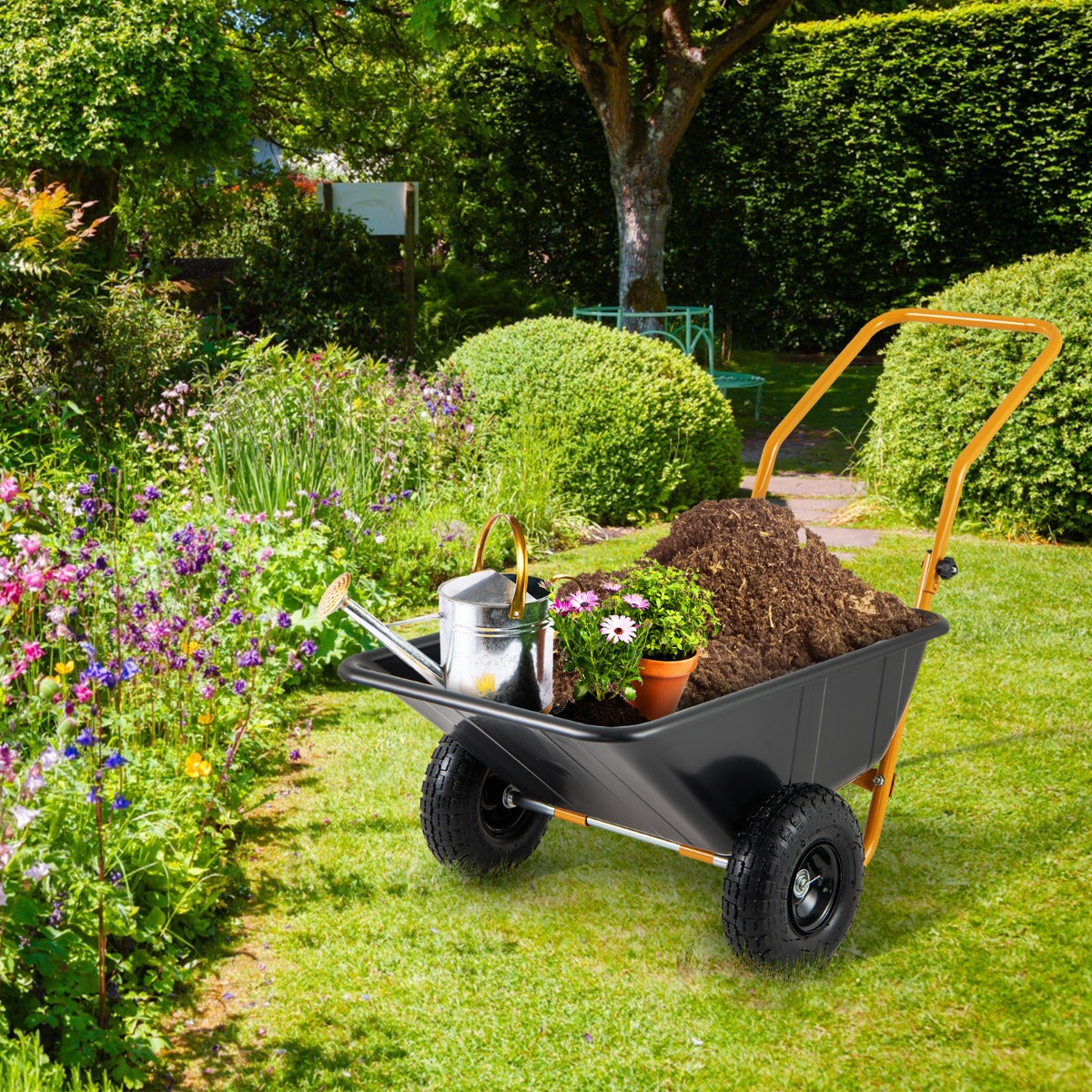 Foldable U-shaped handle makes the wheelbarrow compact for storage in sheds and garages