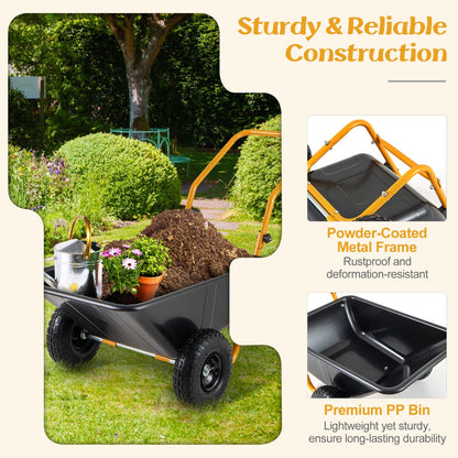 Quick-release tilt design allows fast dumping of soil, compost, mulch, and other materials