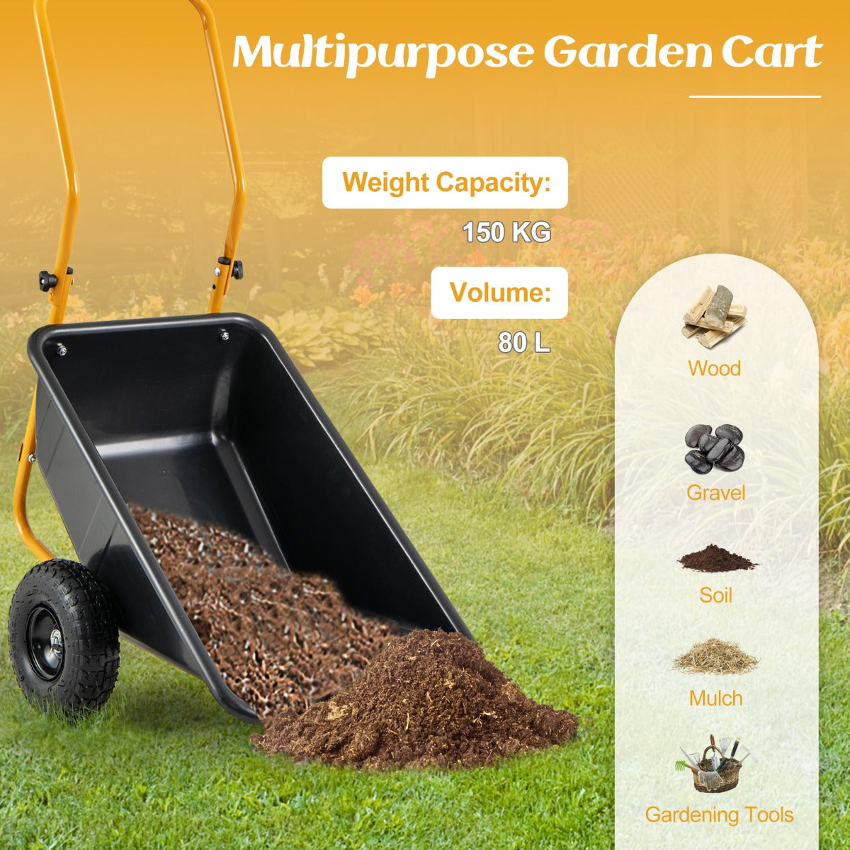 Stable dual-wheel layout improves balance and control while transporting heavy garden loads