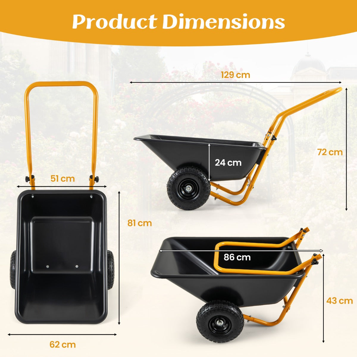 Two-wheel garden wheelbarrow carries up to 150 kg and provides an 80 liter load capacity