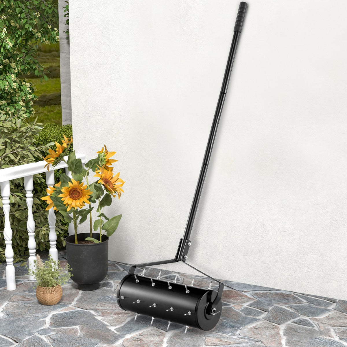 Heavy-Duty Rolling Aerator for Lawn Care Filled Sand Stone-Black-45 cm