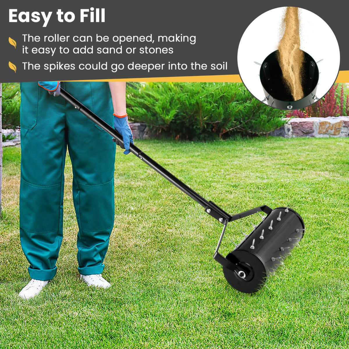 Heavy-Duty Rolling Aerator for Lawn Care Filled Sand Stone-Black-45 cm