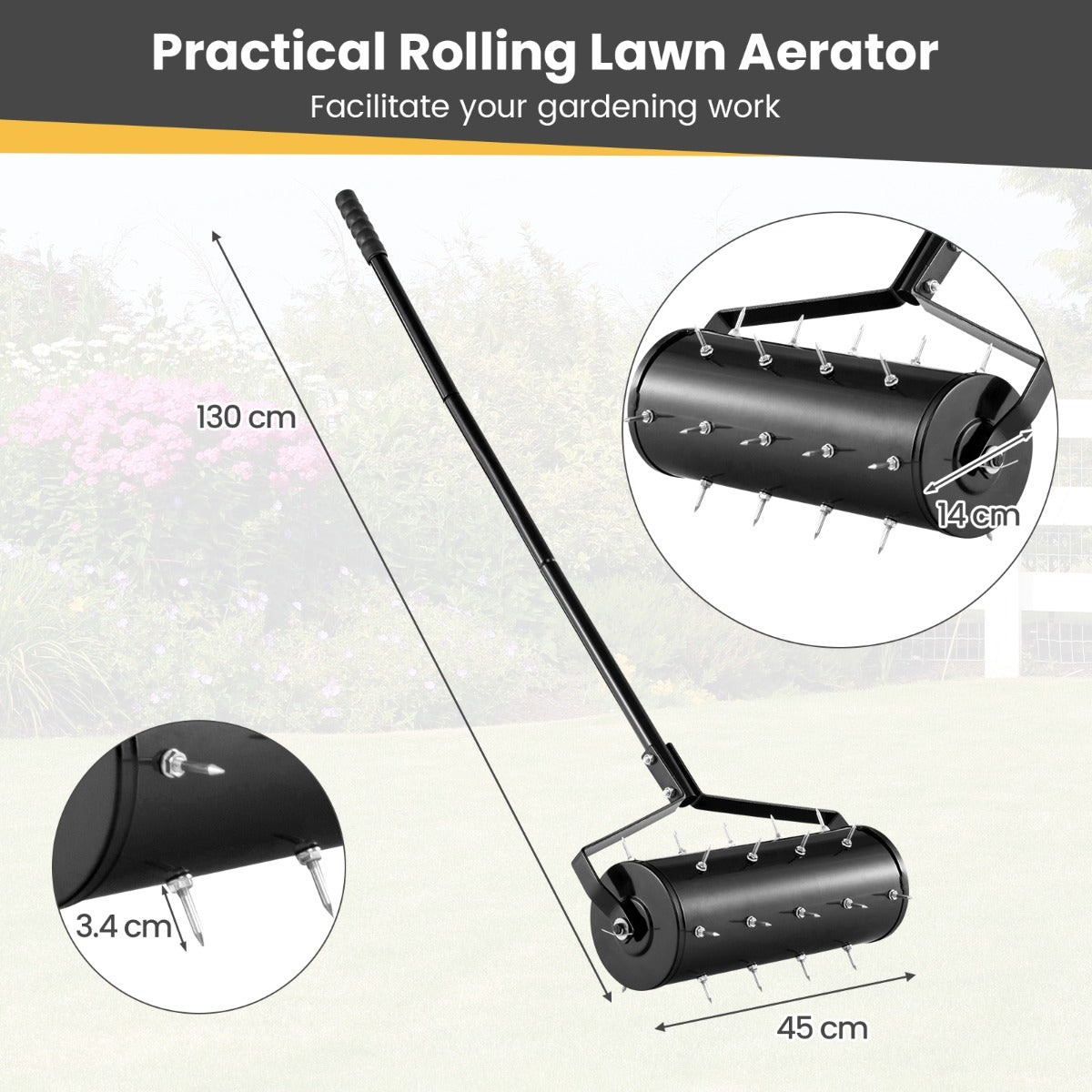Heavy-Duty Rolling Aerator for Lawn Care Filled Sand Stone-Black-45 cm