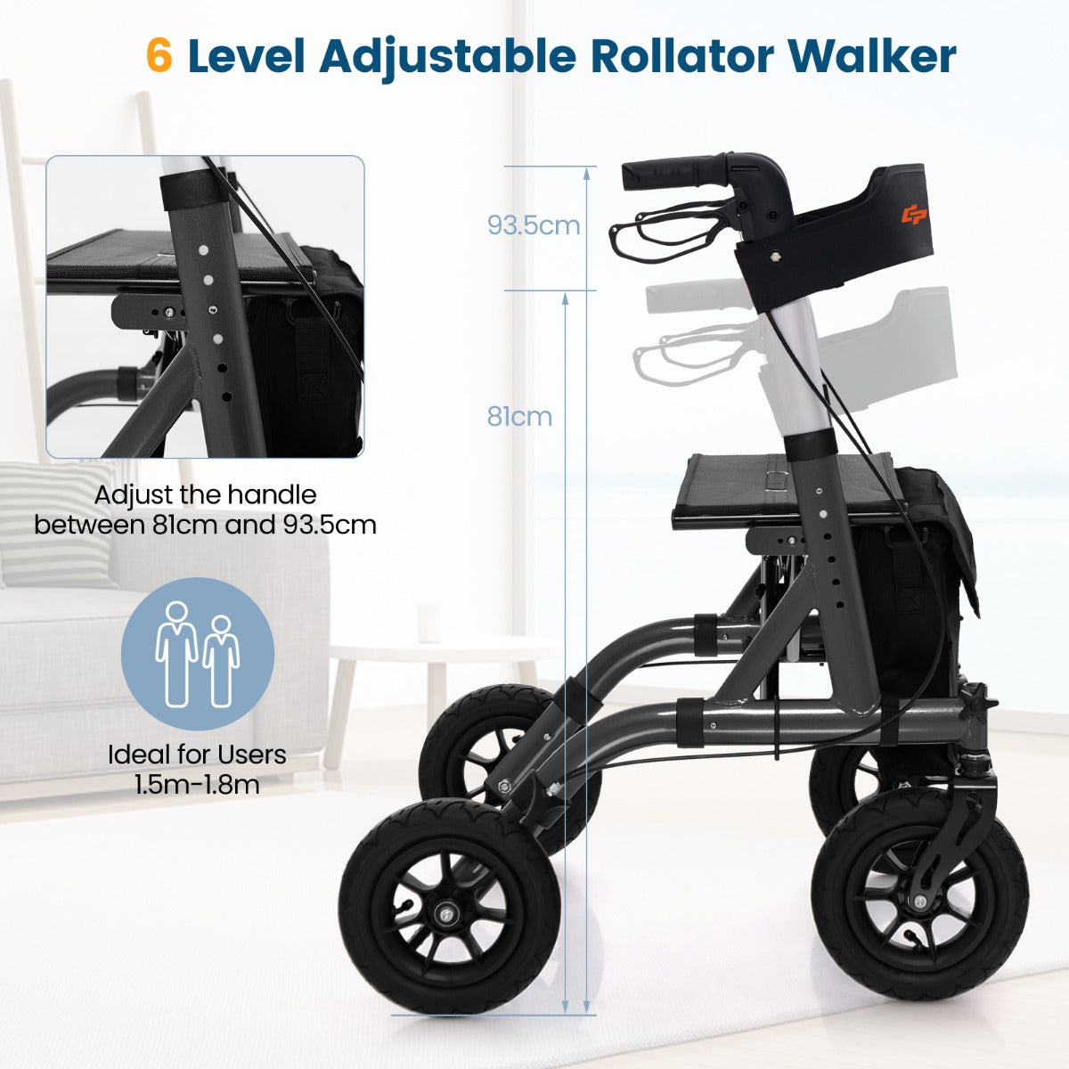 Costway Height Adjustable and Foldable Rollator Walker with Storage Bag-Black
