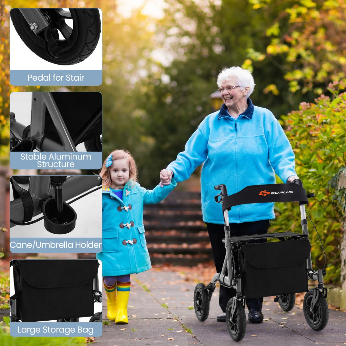 Costway Height Adjustable and Foldable Rollator Walker with Storage Bag-Black